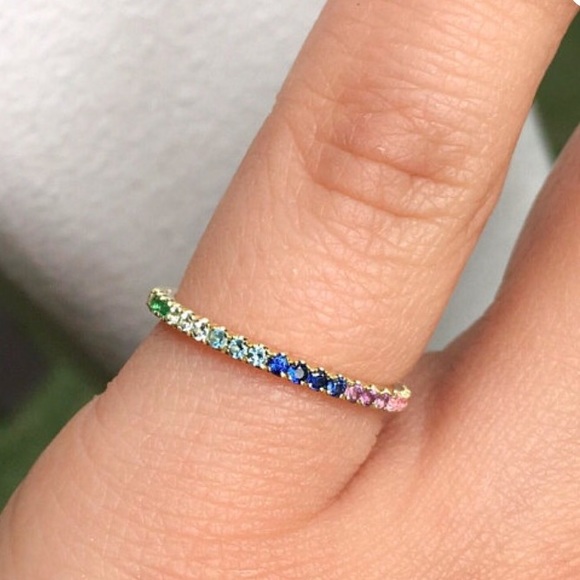 Natural 🌈 Gemstone 18K Gold Half Eternity Band - Picture 3 of 4